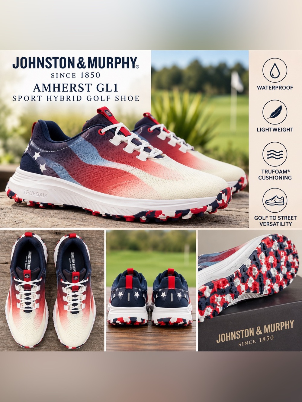 Johnston & Murphy Amherst GL1 Golf Shoes Red White Blue Men’s 11.5 NIB